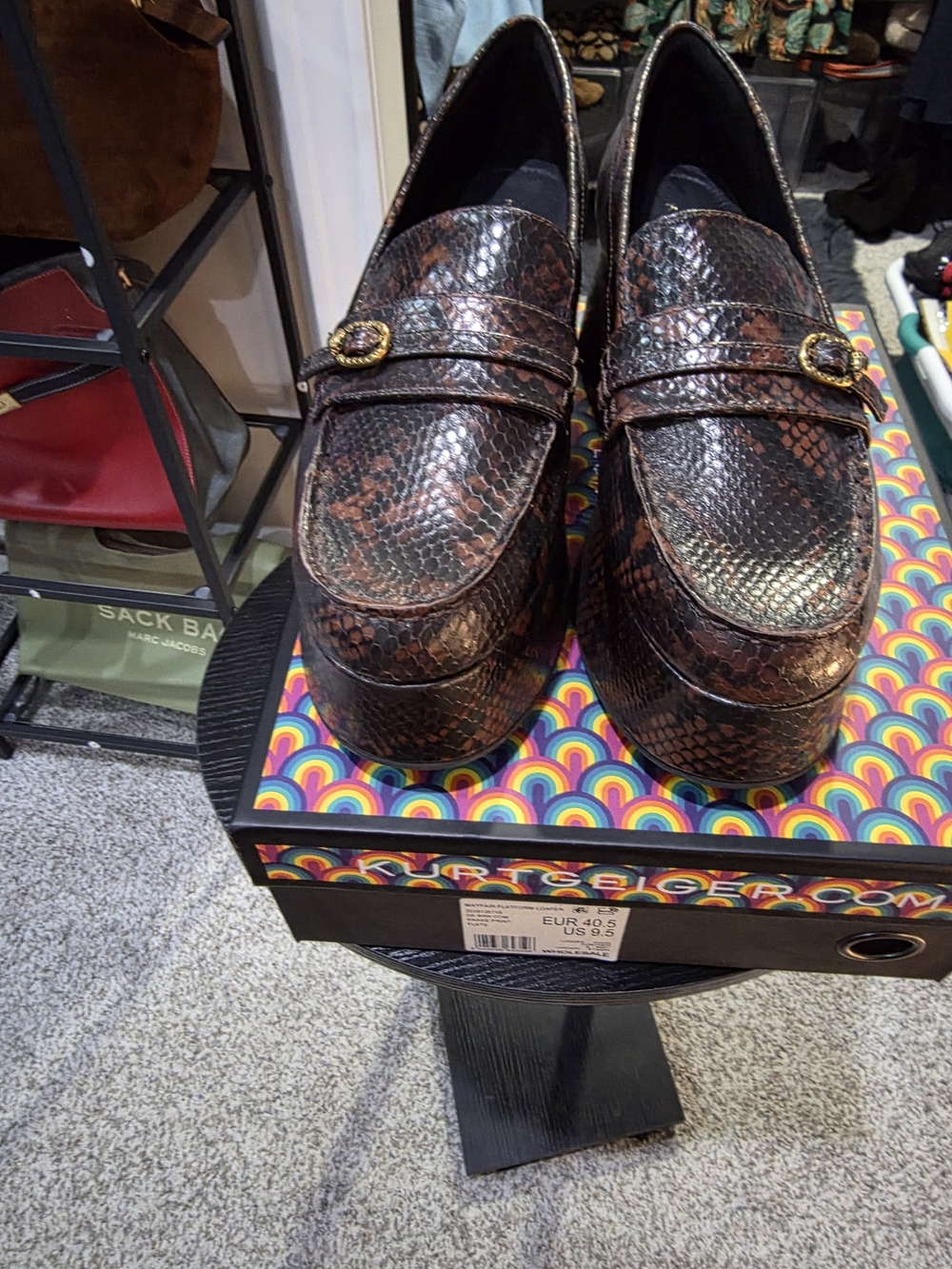 NWOT Kurt Geiger Mayfair Platform Womens Brown Snake-Embossed Leather Loafers